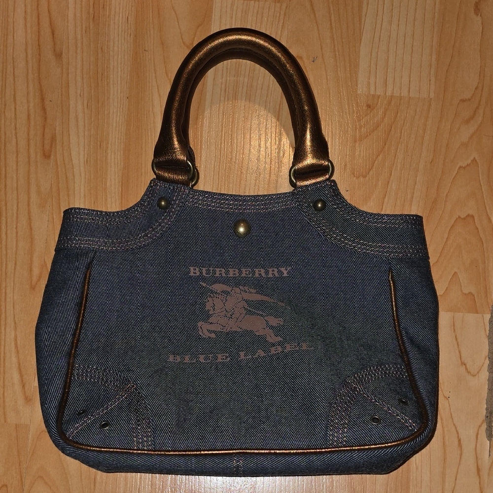 Vintage Burberry Blue Label Denim Handbag with Bronze Handles